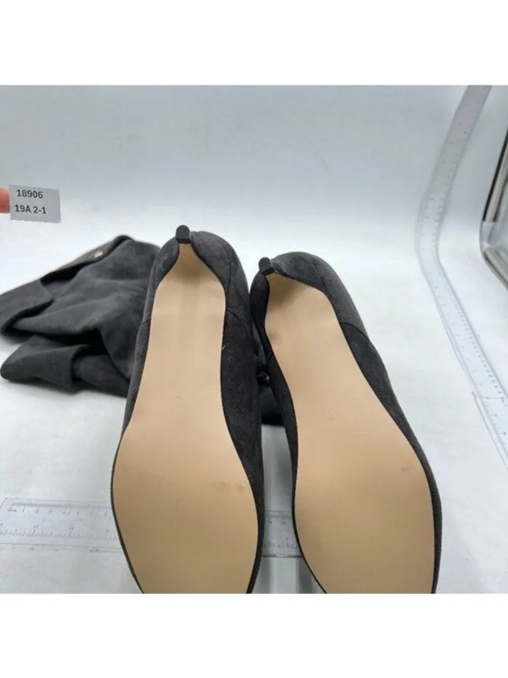 YDN Women Pointed Toe Over The Knee High Stilettos Kitten Mid Heel Grey Suede